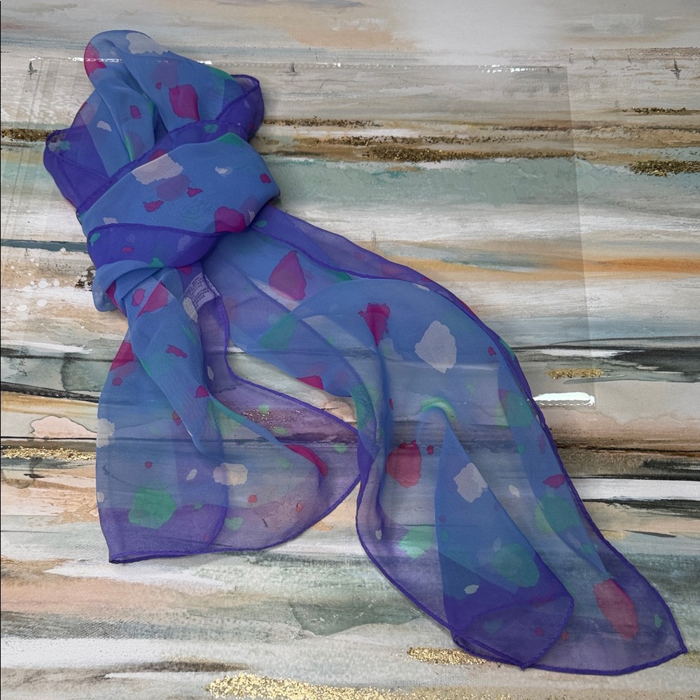 Vibrant Blue Patterned Sheer Long Scarf
